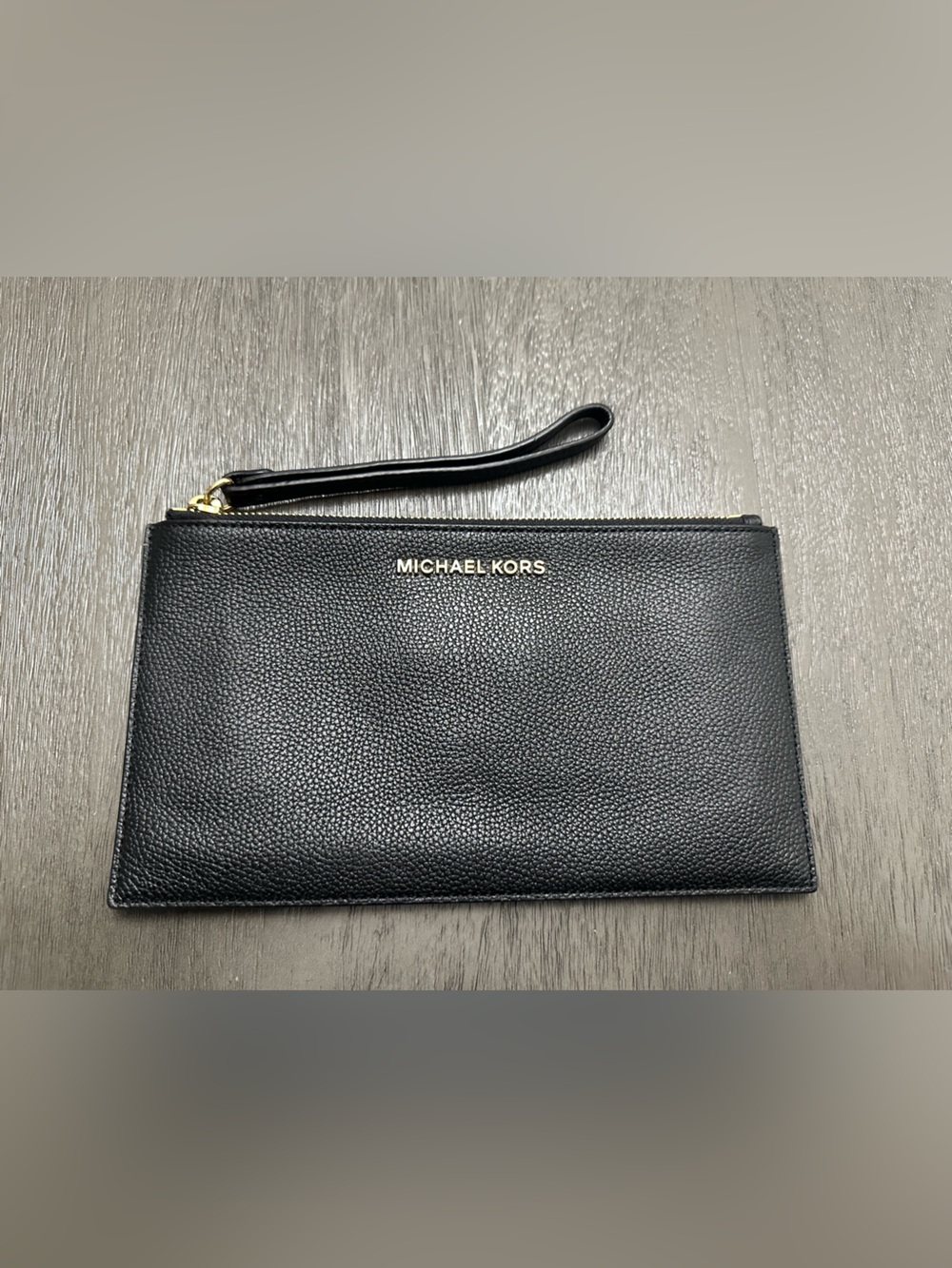Michael Kors Large Black Pebbled Leather Wristlet Gold-Tone Logo